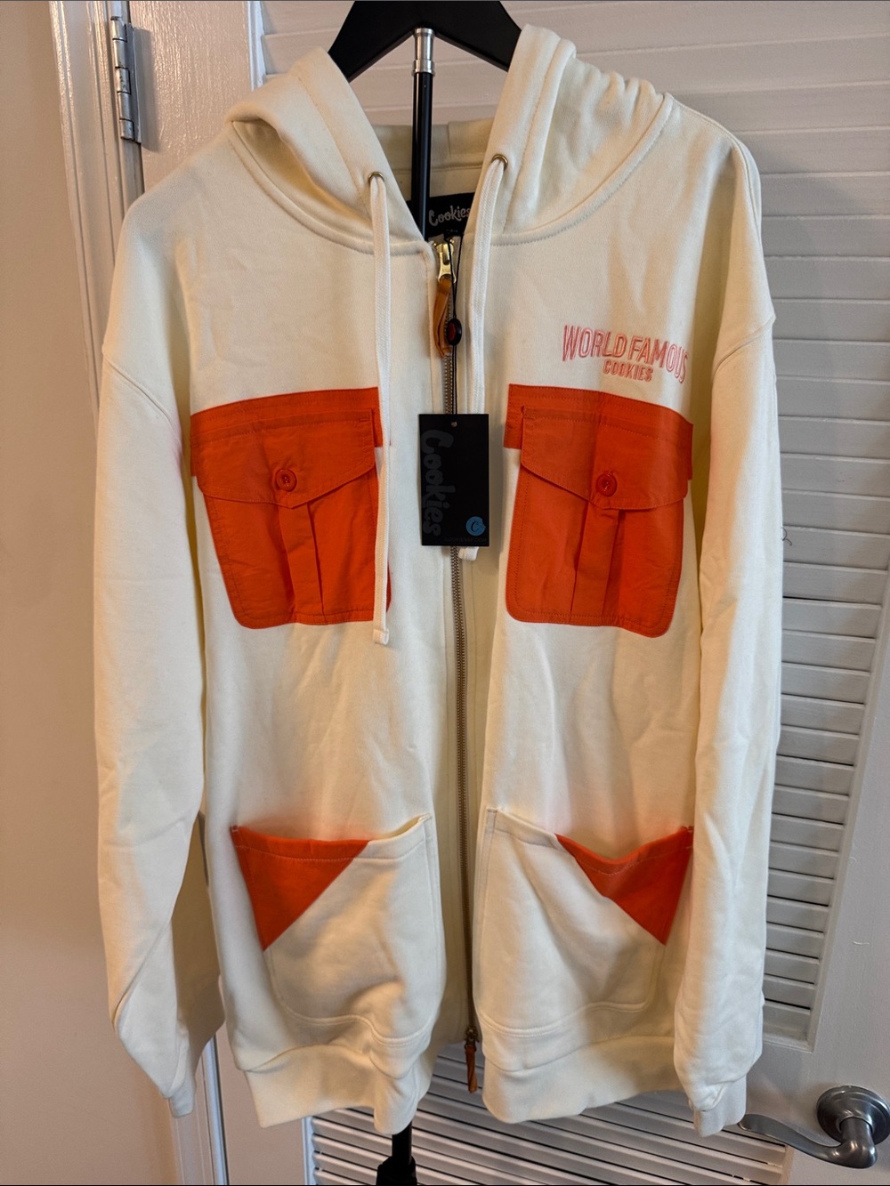 New! Cookies World Famous Cream & Orange Zip Hoodie with cargo-style pockets